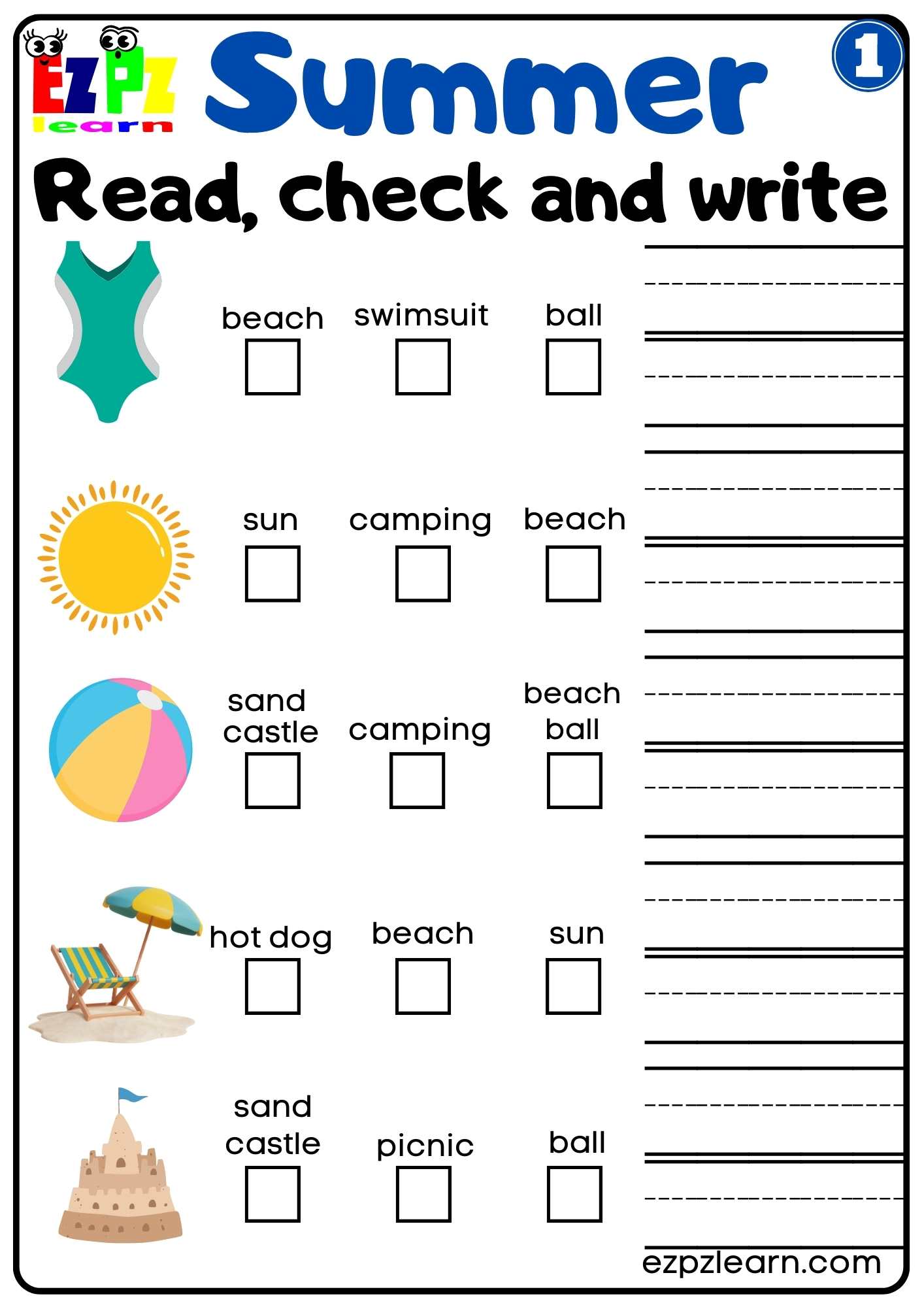 Summer Read Check and Write activity for kids set 1
